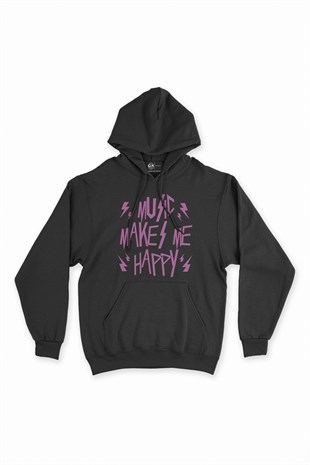 Pembe Music Makes Me Happy Siyah Kapşonlu Sweatshirt Hoodie