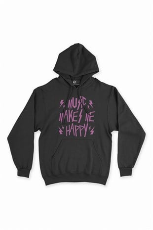 Pembe Music Makes Me Happy Siyah Kapşonlu Sweatshirt Hoodie
