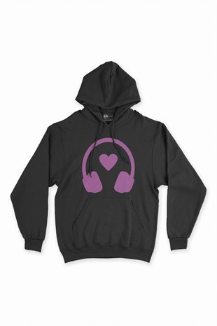 Pembe Müzik Aşkı Siyah Kapşonlu Sweatshirt Hoodie