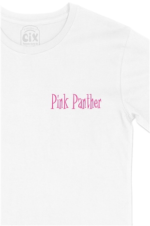 Pembe Panter Cep Logo Tasarımlı Beyaz Tişört