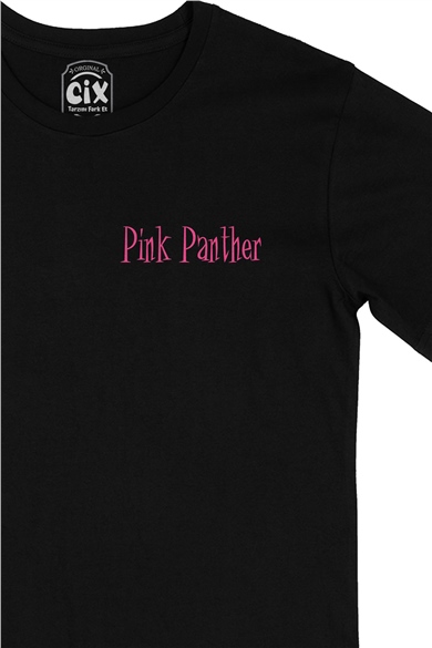 Pembe Panter Cep Logo Tasarımlı Siyah Tişört