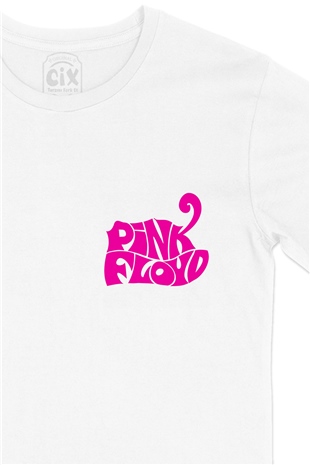 Pembe Pink Floyd Cep Logo Tasarımlı Beyaz Tişört