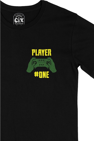 Pembe Player One  Cep Logo Tasarımlı Siyah Tişört