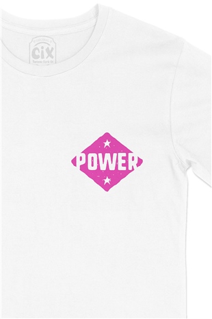 Pembe Power Cep Logo Tasarımlı Beyaz Tişört