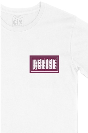 Pembe Pychedelic Cep Logo Tasarımlı Beyaz Tişört