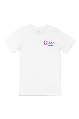 Pembe Queen Rock Cep Logo Tasarımlı Beyaz Tişört