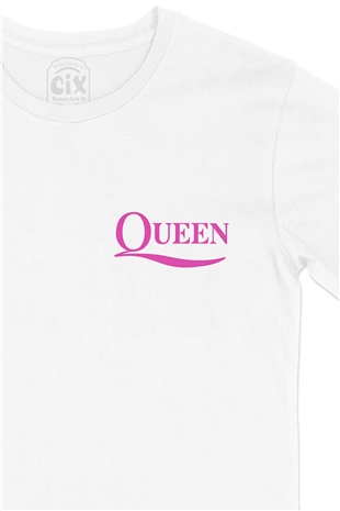 Pembe Queen Rock Cep Logo Tasarımlı Beyaz Tişört