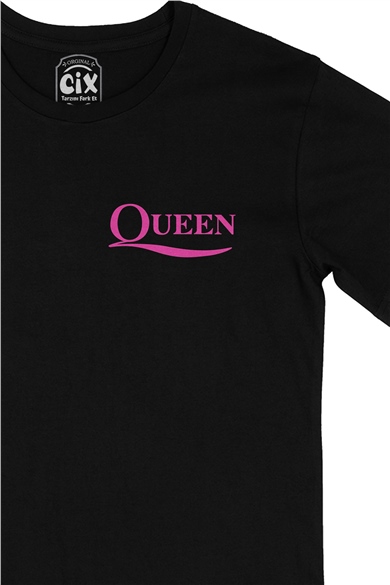 Pembe Queen Rock Cep Logo Tasarımlı Siyah Tişört