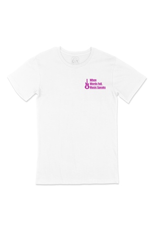 Pembe Words Fail Music Speaks Cep Logo Tasarımlı Beyaz Tişört