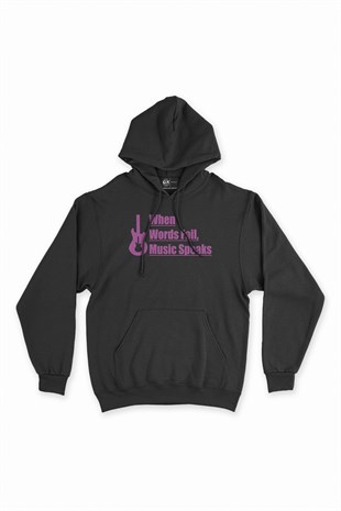 Pembe Words Fail Music Speaks Siyah Kapşonlu Sweatshirt Hoodie