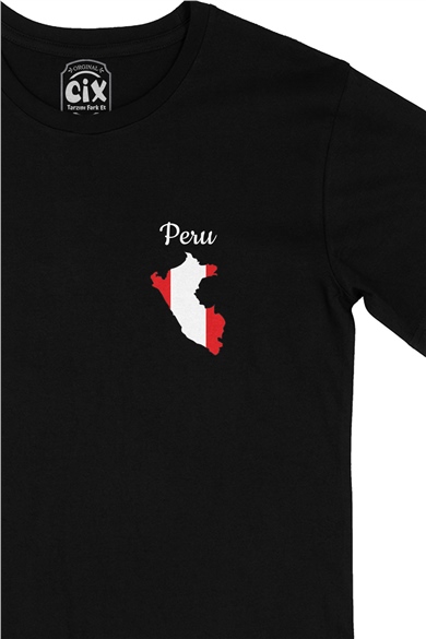 Peru Haritalı ve Bayraklı Cep Logo Tasarımlı Siyah Tişört