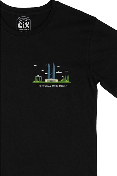 Petronas İkiz Kuleleri Cep Logo Tasarımlı Siyah Tişört