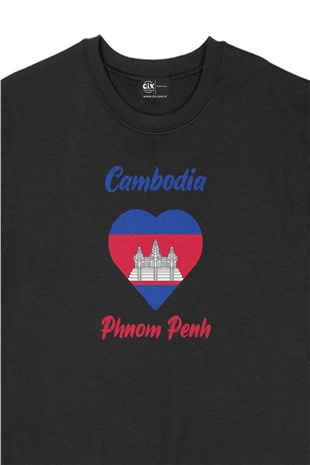 Phnom Penh Kamboçya Bayraklı Kalpli Siyah Sweatshirt