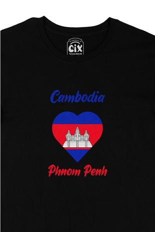 Phnom Penh Kamboçya Bayraklı Kalpli Siyah Tişört