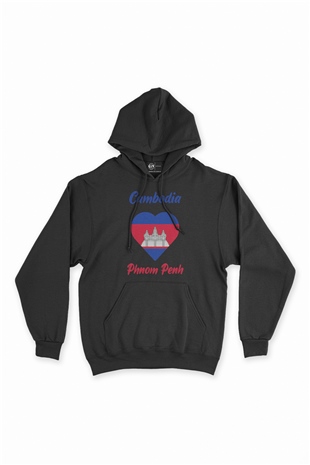 Phnom Penh Kamboçya Bayraklı Kalpli Siyah Sweatshirt Hoodie