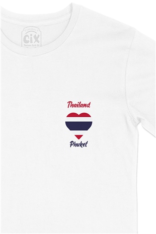 Phuket Tayland Bayraklı Kalpli Cep Logo Tasarımlı Beyaz Tişört