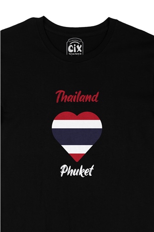 Phuket Tayland Bayraklı Kalpli Siyah Tişört