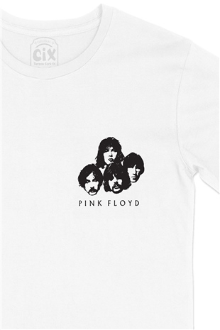 Pink Floyd Üyeleri Cep Logo Tasarımlı Beyaz Tişört