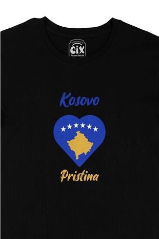 Piriştine Kosova Bayraklı Kalpli Siyah Tişört