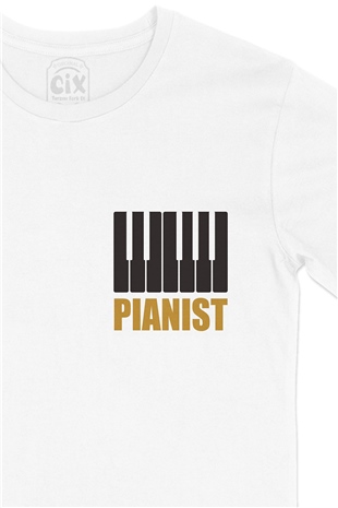 Piyanist Cep Logo Tasarımlı Beyaz Tişört