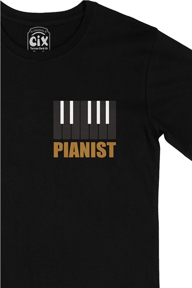 Piyanist Cep Logo Tasarımlı Siyah Tişört