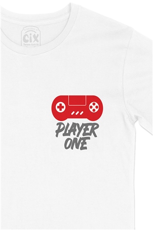 Player One  Cep Logo Tasarımlı Beyaz Tişört