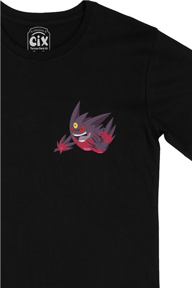 Pokemon Mega Gengar Cep Logo Tasarımlı Siyah Tişört