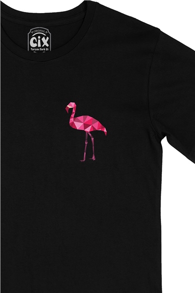 Polygon Flamingo Cep Logo Tasarımlı Siyah Tişört