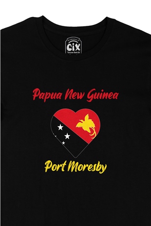 Port Moresby Papua Yeni Gine  Bayraklı Kalpli Siyah Tişört