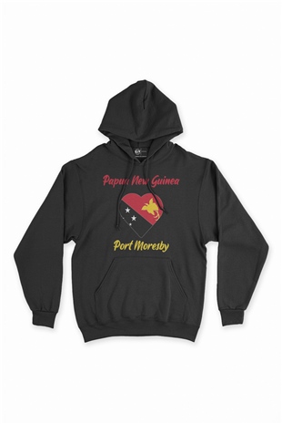 Port Moresby Papua Yeni Gine  Bayraklı Kalpli Siyah Sweatshirt Hoodie