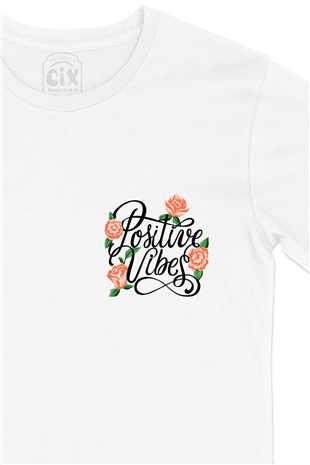 Positive Vibes Cep Logo Tasarımlı Beyaz Tişört