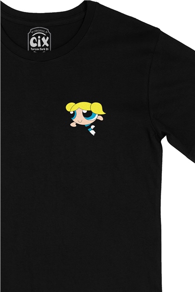 Powerpuff Girls Bubbles Cep Logo Tasarımlı Siyah Tişört