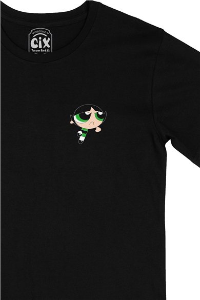 Powerpuff Girls Butter Cup Cep Logo Tasarımlı Siyah Tişört