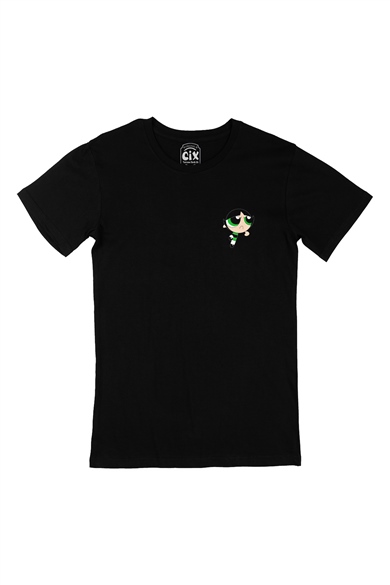 Powerpuff Girls Butter Cup Cep Logo Tasarımlı Siyah Tişört
