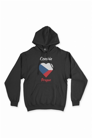Prag Çekya Bayraklı Kalpli Siyah Sweatshirt Hoodie