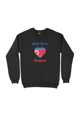 Pyongyang Kuzey Kore Bayraklı Kalpli Siyah Sweatshirt