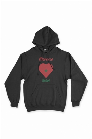 Rabat Fas Bayraklı Kalpli Siyah Sweatshirt Hoodie