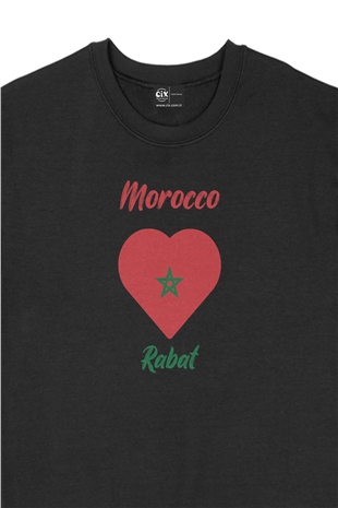 Rabat Fas Bayraklı Kalpli Siyah Sweatshirt