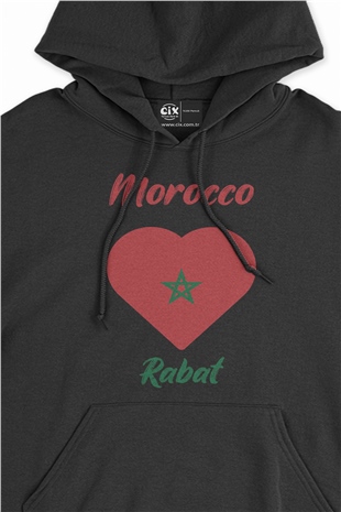 Rabat Fas Bayraklı Kalpli Siyah Sweatshirt Hoodie