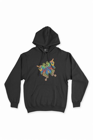 Rengarenk Kelebek Siyah Kapşonlu Sweatshirt Hoodie