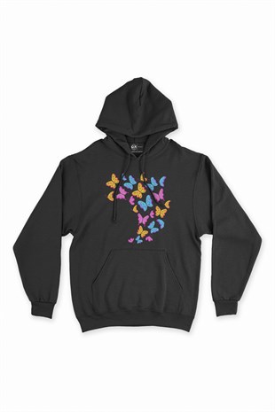 Rengarenk Kelebekli Siyah Kapşonlu Sweatshirt Hoodie