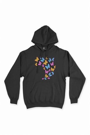 Rengarenk Kelebekli Siyah Kapşonlu Sweatshirt Hoodie