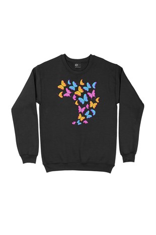Rengarenk Kelebekli Siyah Sweatshirt