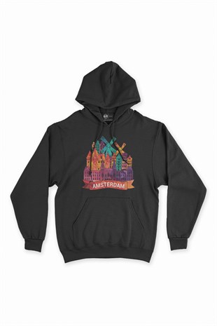 Renkli Amsterdam İllüstrasyon Siyah Kapşonlu Sweatshirt Hoodie