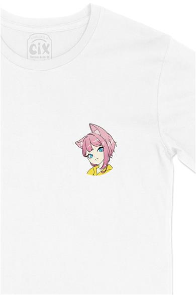 Renkli Anime Kız Çizimli Cep Tasarım Baskılı Beyaz Tişört