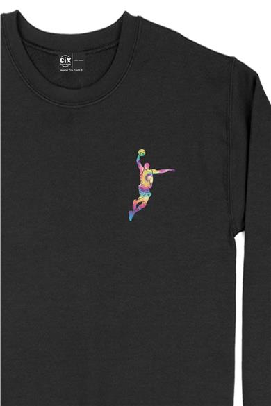 Renkli Basketbolcu Cep Tasarım Baskılı Sweatshirt