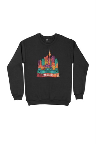 Renkli Berlin İllüstrasyon Siyah Sweatshirt