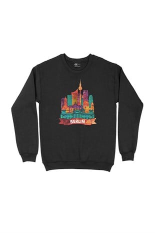 Renkli Berlin İllüstrasyon Siyah Sweatshirt