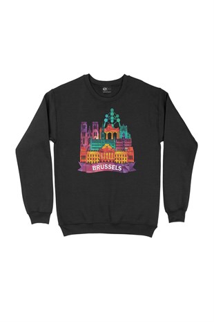 Renkli Brüksel İllüstrasyon Siyah Sweatshirt