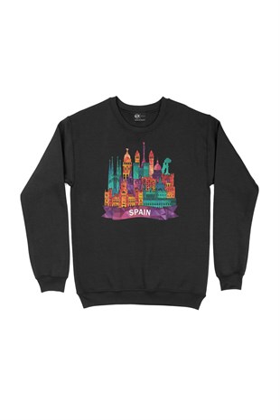 Renkli İspanya İllüstrasyon Siyah Sweatshirt